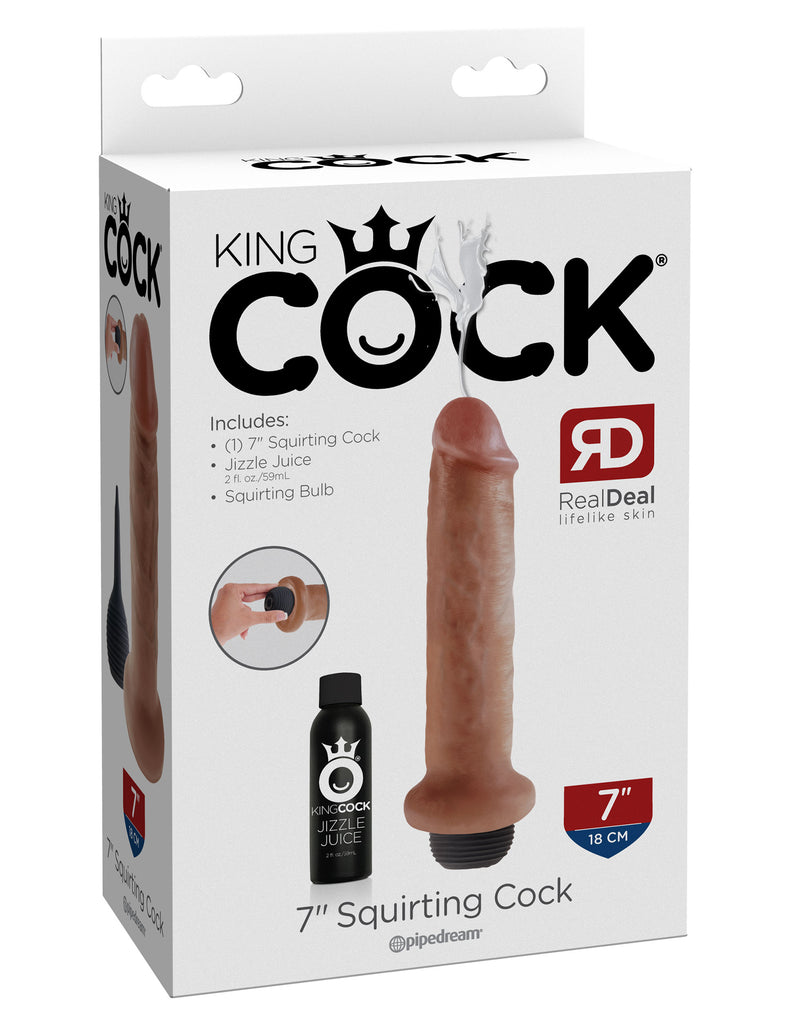 This is an image of The King Cock¬ 7" Squirting Cock - Tan. . This King Cock¬ Squirting Cock is ultra-realistic and will satisfy all of your cravings for cum-play! Hand-sculpted with amazing attention to detail and featuring our exclusive Jizzle Juice squeeze-bulb, the King Cock¬ Squirting Cocks are the most satisfying ejaculating dildos on the market!