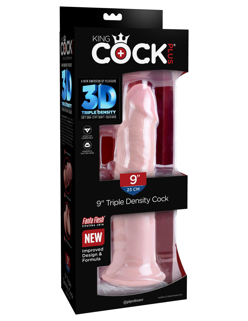 This is an image of The King Cock¬ Plus 9" Triple Density Cock - Light. . Feel The Difference! The King Cock Plus 9" Triple Density Cock is made of new and improved Fanta Flesh material, making it stiff on the inside and soft on the outside. The lifelike outer skin is smooth to the touch, while the inner shaft is stiff and erect like an actual penis, making your pleasure experience as true to real life as possible.