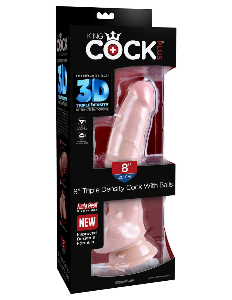 This is an image of The King Cock¬ Plus 8" Triple Density Cock with Balls - Light. . Feel The Difference! The King Cock Plus 9" Triple Density Cock is made of new and improved Fanta Flesh material, making it stiff on the inside and soft on the outside. The lifelike outer skin is smooth to the touch, while the inner shaft is stiff and erect like an actual penis, making your pleasure experience as true to real life as possible.