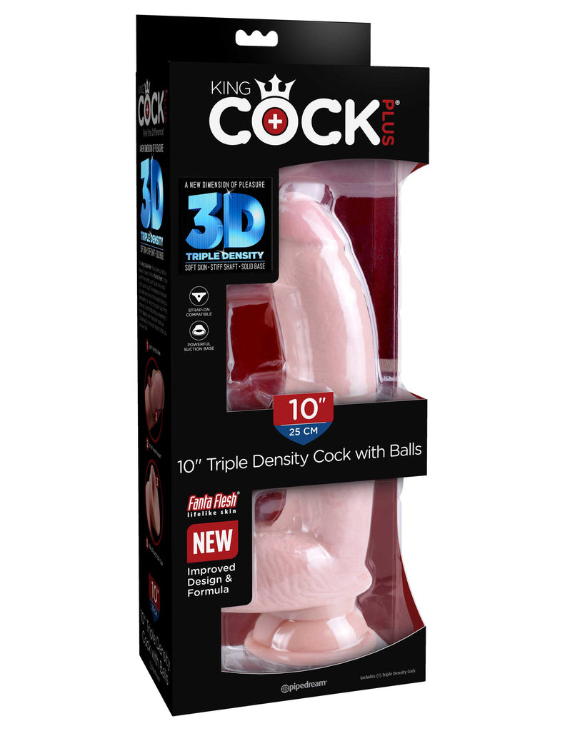 This is an image of The King Cock¬ Plus 10" Triple Density Cock with Balls - Light. . Feel The Difference! The King Cock Plus 9" Triple Density Cock is made of new and improved Fanta Flesh material, making it stiff on the inside and soft on the outside. The lifelike outer skin is smooth to the touch, while the inner shaft is stiff and erect like an actual penis, making your pleasure experience as true to real life as possible.