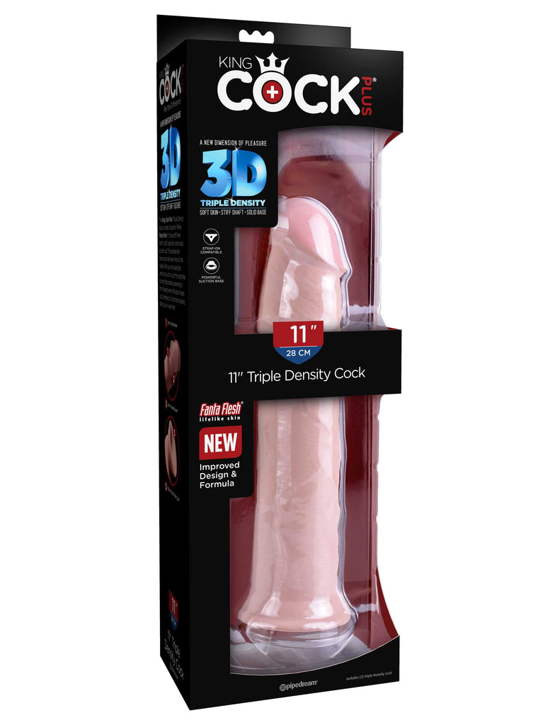 This is an image of The King Cock¬ Plus 11" Triple Density Cock - Light. . Feel The Difference! The King Cock Plus 9" Triple Density Cock is made of new and improved Fanta Flesh material, making it stiff on the inside and soft on the outside. The lifelike outer skin is smooth to the touch, while the inner shaft is stiff and erect like an actual penis, making your pleasure experience as true to real life as possible.