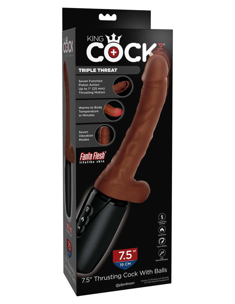 This is an image of The King Cock¬ Plus 7.5" Thrusting Cock with Balls Brown. . Feel The Difference! The King Cock Plus 9" Triple Density Cock is made of new and improved Fanta Flesh material, making it stiff on the inside and soft on the outside. The lifelike outer skin is smooth to the touch, while the inner shaft is stiff and erect like an actual penis, making your pleasure experience as true to real life as possible.