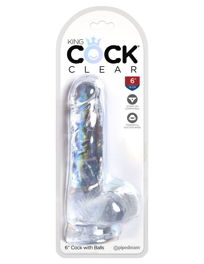 This is an image of The King Cock¬ Clear 6" Cock with Balls. . The Choice is Clear! The King Cock¬ Clear 5 in. Dildo combines a translucent dildo with a realistic cock design: flexible shaft, detailed veins, and defined head. The powerful suction cup base sticks to nearly any flat surface and makes every dildo harness compatible. Created to heighten your pleasure experience, this specially crafted formula is virtually odorless, non-sticky, and easy to clean.