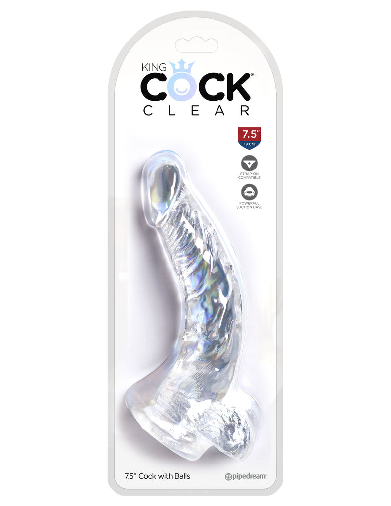 This is an image of The King Cock¬ Clear 7.5" Cock with Balls. . The Choice is Clear! The King Cock¬ Clear 5 in. Dildo combines a translucent dildo with a realistic cock design: flexible shaft, detailed veins, and defined head. The powerful suction cup base sticks to nearly any flat surface and makes every dildo harness compatible. Created to heighten your pleasure experience, this specially crafted formula is virtually odorless, non-sticky, and easy to clean.