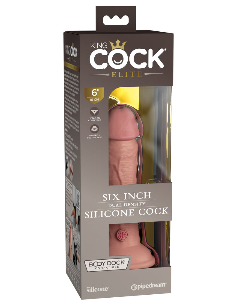 This is an image of The King Cock¬ Elite 6" Silicone Dual Density Cock - Light. . Made from high-quality dual-density Elite Silicone. The lifelike silicone outer skin is smooth to the touch, while the hard silicone inner shaft is stiff and erect like an actual penis, making your pleasure experience as true to real life as possible! The solid suction cup has been designed for superior adherence, giving you more versatility and convenience during use.