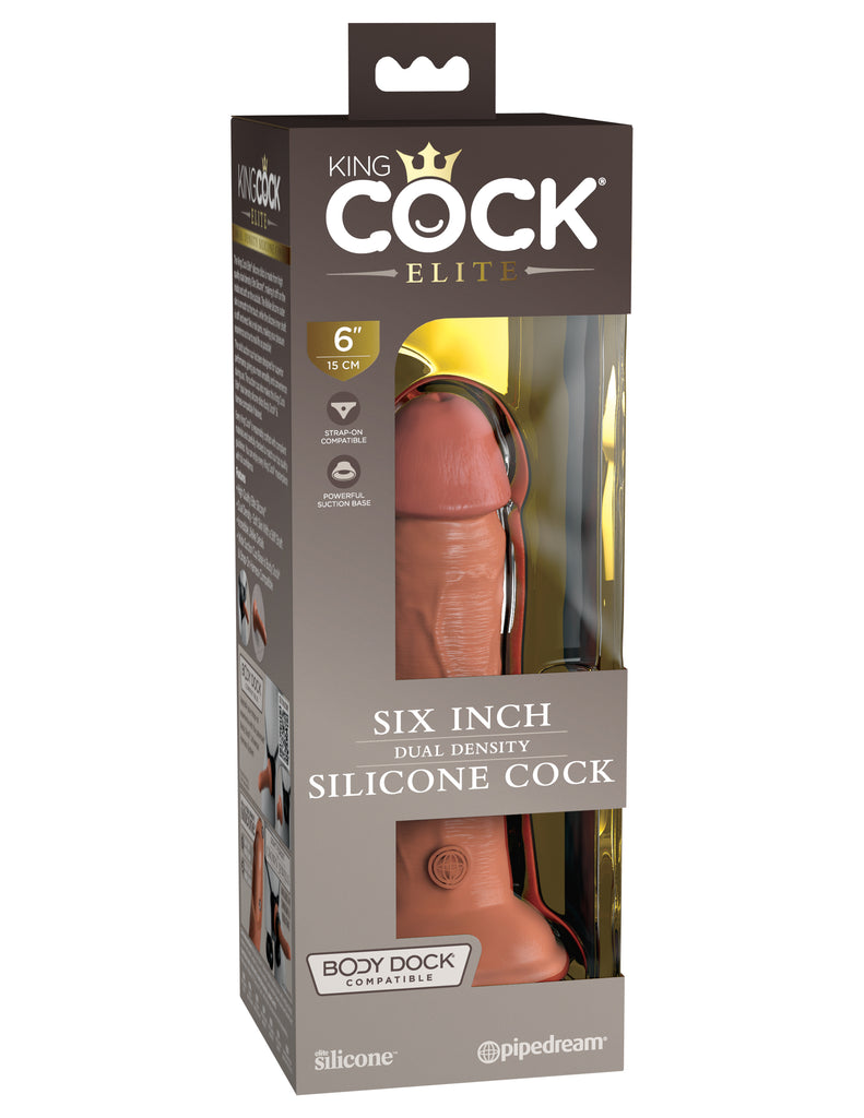 This is an image of The King Cock¬ Elite 6" Silicone Dual Density Cock - Tan. . Made from high-quality dual-density Elite Silicone. The lifelike silicone outer skin is smooth to the touch, while the hard silicone inner shaft is stiff and erect like an actual penis, making your pleasure experience as true to real life as possible! The solid suction cup has been designed for superior adherence, giving you more versatility and convenience during use.
