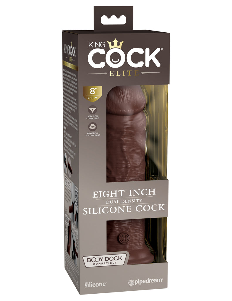 This is an image of The King Cock¬ Elite 8" Silicone Dual Density Cock - Brown. . Made from high-quality dual-density Elite Silicone. The lifelike silicone outer skin is smooth to the touch, while the hard silicone inner shaft is stiff and erect like an actual penis, making your pleasure experience as true to real life as possible! The solid suction cup has been designed for superior adherence, giving you more versatility and convenience during use.