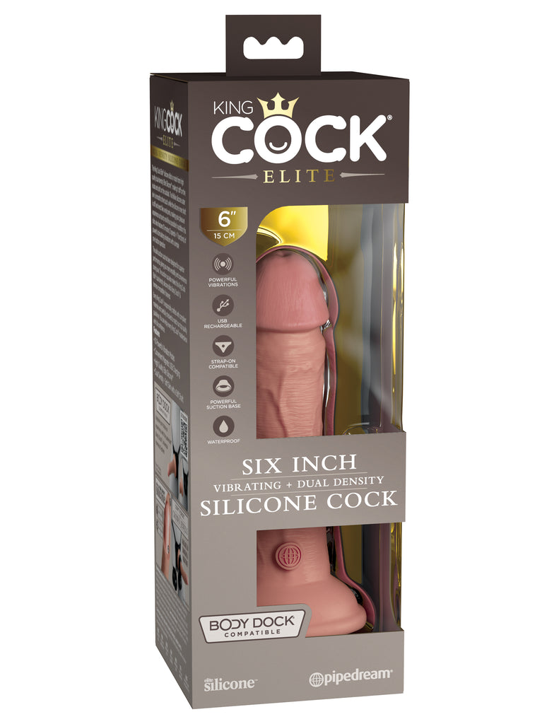 This is an image of The King Cock¬ Elite 6" Vibrating Silicone Dual Density Cock - Light. . Made from high-quality dual-density Elite Silicone. The lifelike silicone outer skin is smooth to the touch, while the hard silicone inner shaft is stiff and erect like an actual penis, making your pleasure experience as true to real life as possible! The solid suction cup has been designed for superior adherence, giving you more versatility and convenience during use.